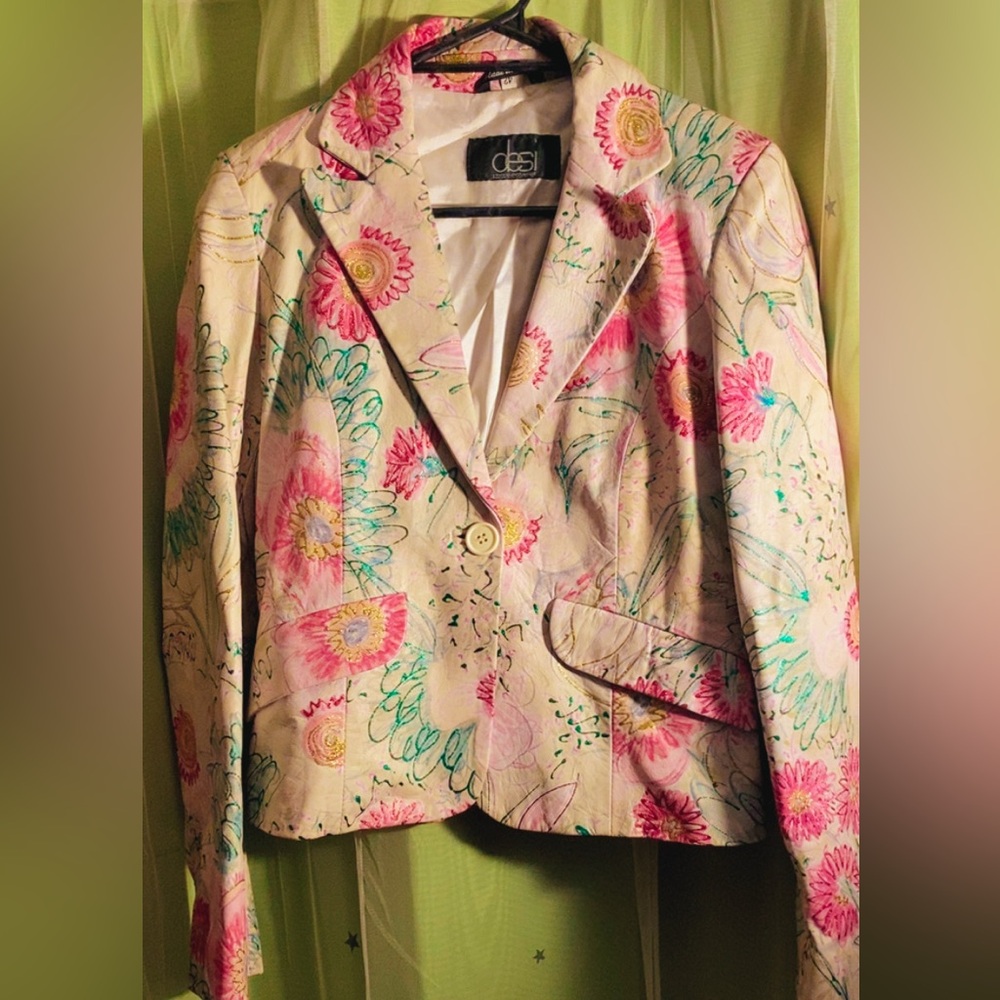 Authentic Italian Leather Blazer Jacket • Hand Painted Floral • Vintage